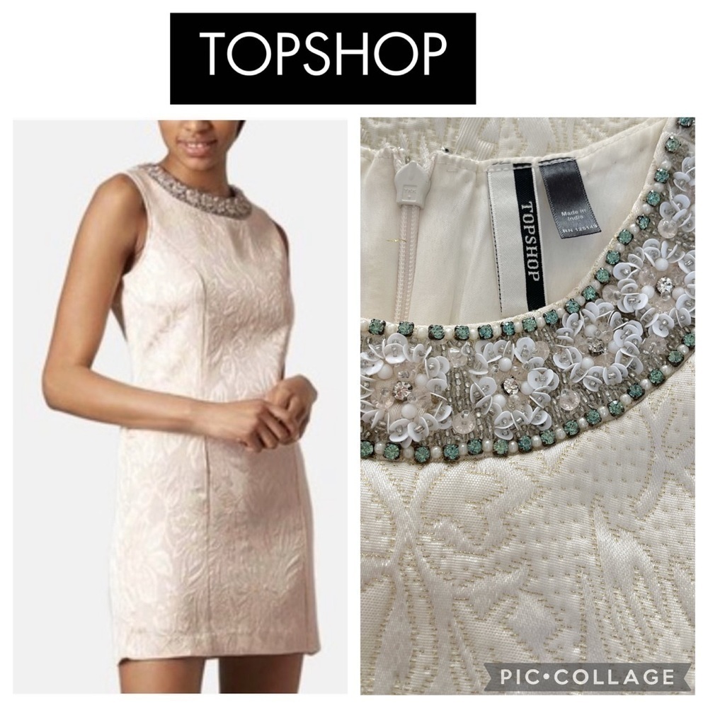 Topshop Embellished Ivory Jacquard Mini Dress size 8